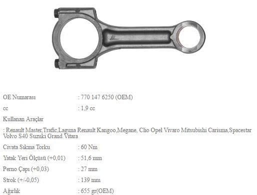 Trafic 2 - Laguna 1.9 Dizel Piston Kolu 7701476250